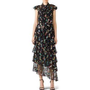 Monique Lhuillier‎ Black Tiered Ruffle Asymmetrical Floral Embroidered Gown, 10
